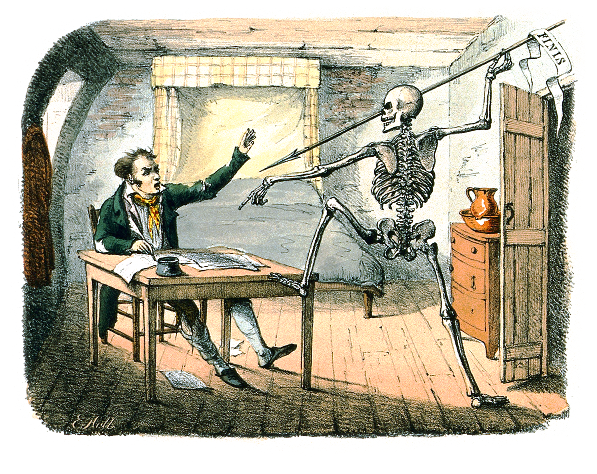 Death bursts in on a startled man at his desk