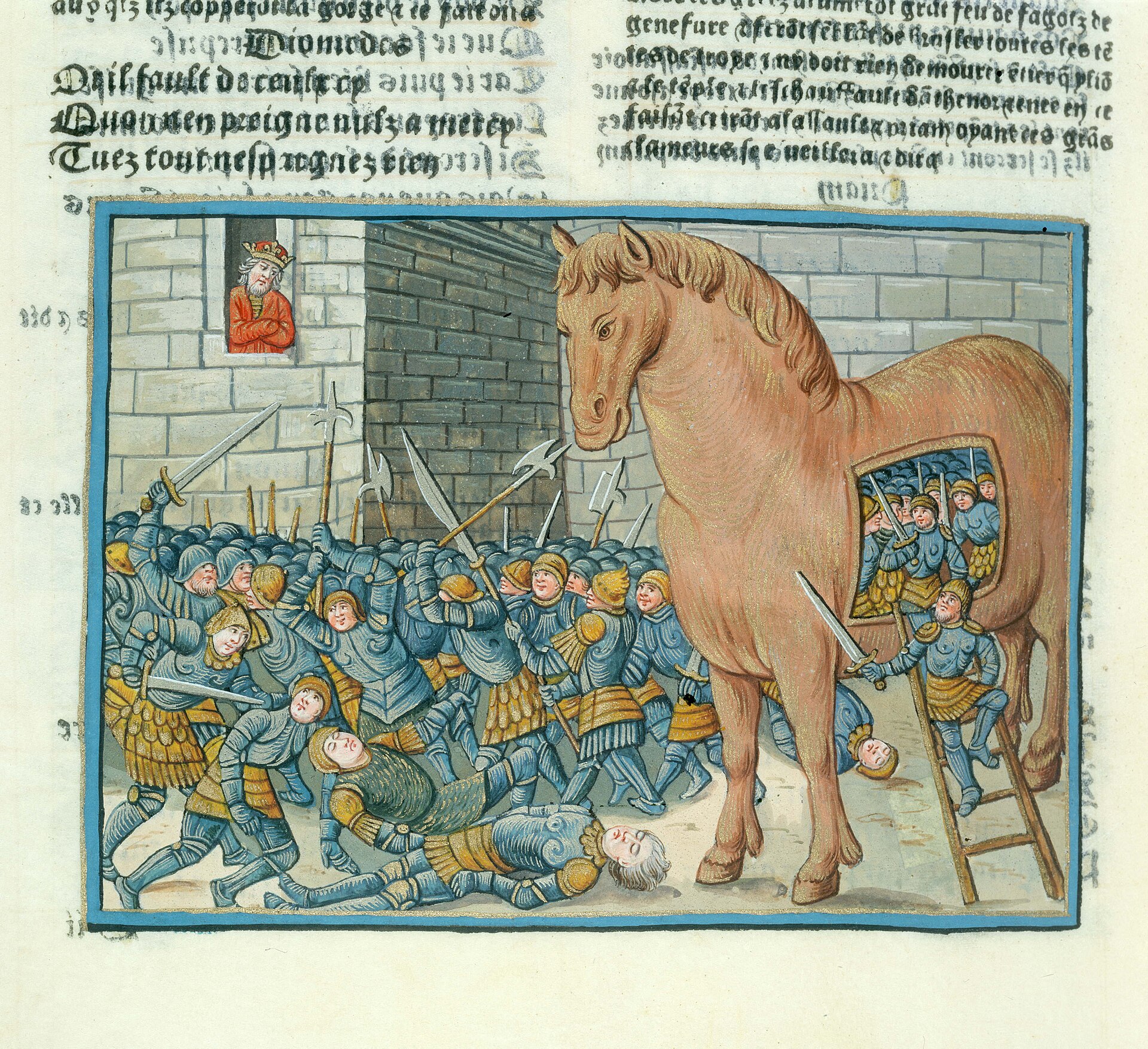 Soldiers pour out of the Trojan Horse inside the walls of Troy